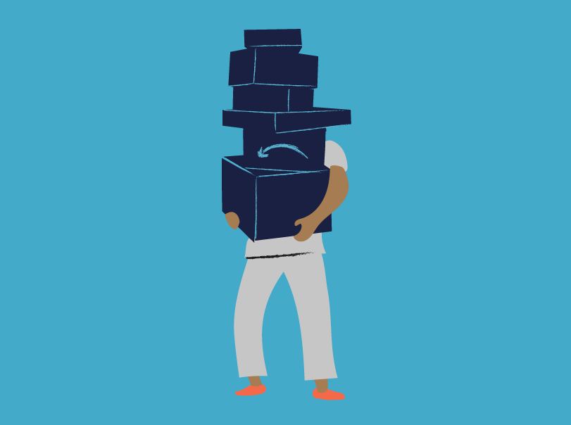 consumption, delivery, boxes, man, online shopping, illustration