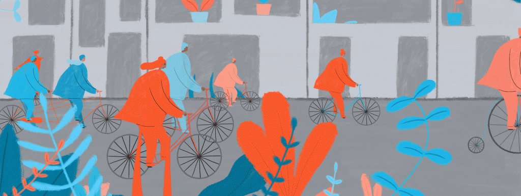 Cycling, bikes, clean air, plants, city, Nicola Jane Francis, illustration