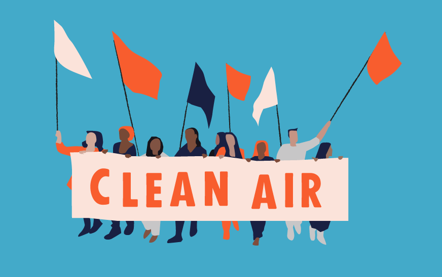 People, protest, banner, flags, clean air, climate change, illustration